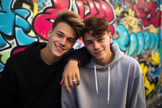 
Photo of two 18-year-old European boys, exchanging shy smiles while leaning on a colorful graffiti wall teenage first crush