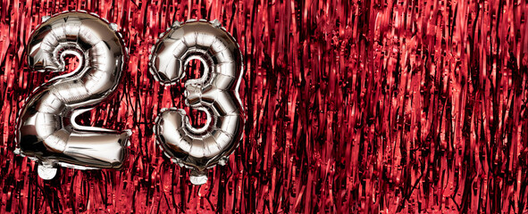 Silver foil balloon number twenty-three. Birthday greeting card with inscription 23. Anniversary...
