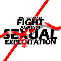 World Day of Fight against Sexual Exploitation event banner. Bold text with red lines, red ribbon and female symbol on white background to commemorate on March 4