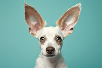 Photo of a dog's erect ears sticking out from below, against a pastel blue background
