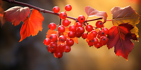 autumn leaves and berries on the tree, Wet red berries of viburnum on the bush viburnum bush with berries, red berries closeup autumn background beautiful, Generative AI