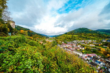 View of the town of Hornberg and the surrounding nature from Hornberg Castle. Landscape with a town in the Black Forest.
