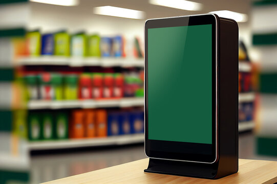 Digital screen vertical mockup on the cashier table for customer use credit card payment reader and check purchase order in a supermarket grocery background