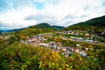 Fototapeta na wymiar View of the town of Hornberg and the surrounding nature from Hornberg Castle. Landscape with a town in the Black Forest. 