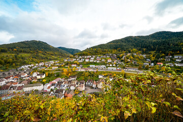 View of the town of Hornberg and the surrounding nature from Hornberg Castle. Landscape with a town in the Black Forest.
