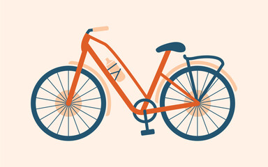 Cute illustration of red bicycle. Trendy minimal art. Cartoon clip art with transport, vehicle, bike for card, banner, sticker, icon. Cottagecore, village life concept. 