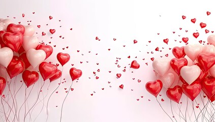 Happy Valentine Day. Romantic love celebration with red and pink heart balloons and confetti on festive background. Beautiful design features symbols of romance and affection perfect for wedding