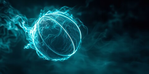 An otherworldly ball game! A soccer ball, pulsing with an intense blue-green glow