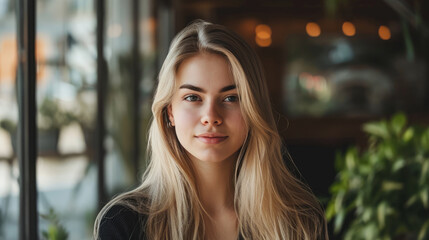 Fototapeta premium Portrait of a regular woman, long blond hair flowing gracefully, Ai Generated.