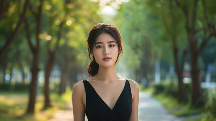 Asian woman in a black dress strolls in the park, radiating elegance, Ai Generated.