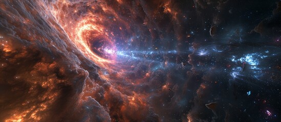 Chaotic cosmic space engulfs human spaceship, depicted in 3D.