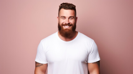 Bearded man in a white T-shirt radiates happiness and positivity, Ai Generated.
