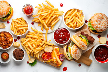 Variety of fast food - hamburgers, french fries, vegetables and sauces. Top view