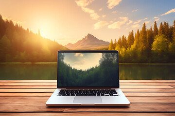 Laptop on wooden table with mountain and lake background at sunrise. - obrazy, fototapety, plakaty
