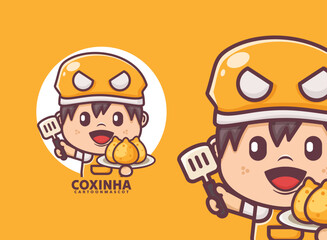 Cute boy cartoon character with coxinha, food mascot vector illustration