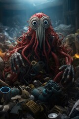 A red octopus sitting in a pile of trash. Generative AI.