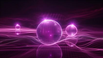 cluster of luminous purple spheres, some transparent, others opaque, rest on the worn steps of a dimly lit staircase