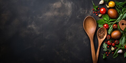 Vegetarian food concept with wooden spoon and dark background.