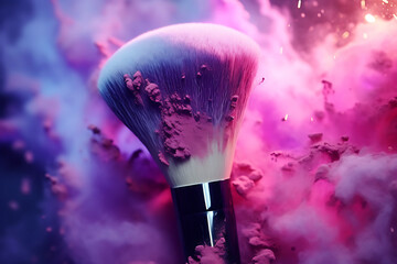 Makeup brush with pink powder explosion on black background, close up