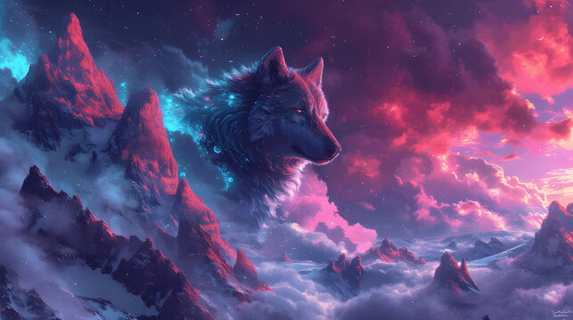 Multichromatic synthwave painting of agiant wolf over asnowy mountain range its body is made of cos Generative AI