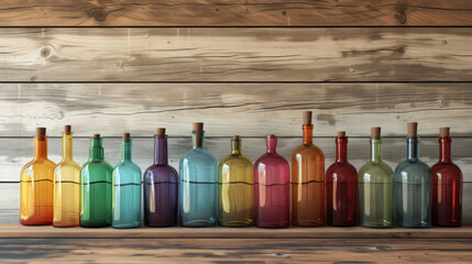 empty colored glass bottles stand in a row on a wooden shelf