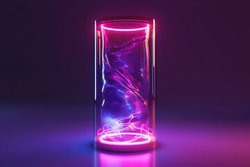 A glowing glass cylinder, filled with swirling neon lights in shades of pink, purple, and blue, rests on a reflective surface