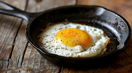 Tasty sunny side up egg on the pan, ready to serve for breakfast, view from above. copy space concept.