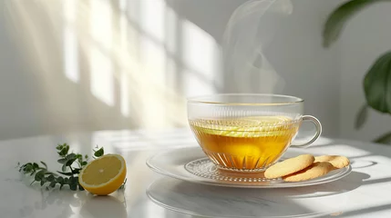 Deurstickers Hot tea with lemon in a glass cup with cookies on a white background © Taia