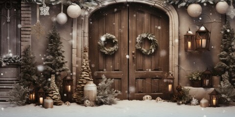Christmas theme with vintage style decorations and wooden doors
