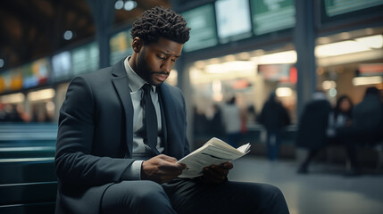 Afroamerican man sitting on platform on bench and browsing documents