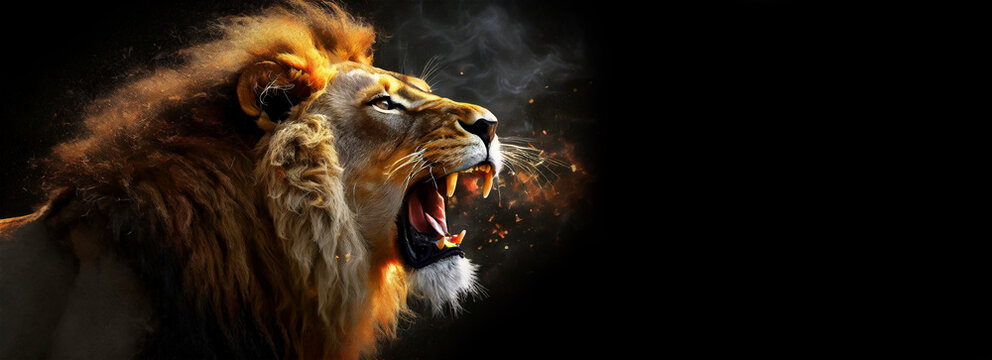 Extreme close-up of a head of a lion roaring on a dark background with copy space. Concept of strength and leadership.