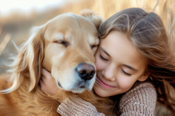 Young Girl Embracing a Dog in a Loving Hug