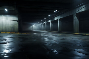 Underground parking lot at night with lights and reflections on the ground