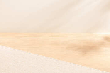 Blank warm lighting background. White and wooden surface. Light and Shadow wallpaper. Space for text. Backdrop. Studio photography. Cozy and Comfortable. Decorative. Minimalist wallpaper. Empty space.