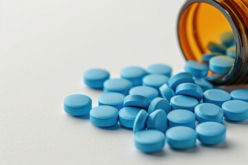 blue pharmaceutical tablets with bottle on white background