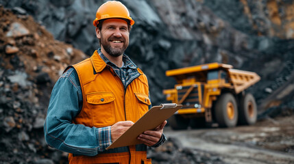 a man worker work in coal mining with dump truck background