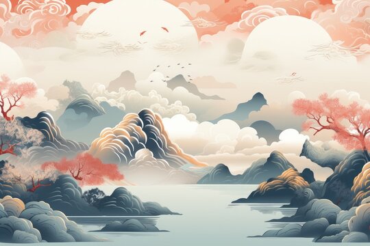 Illustration of landscape of Guilin, Li River and Karst mountains, China. Generative ai