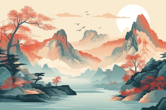 Illustration of landscape of Guilin, Li River and Karst mountains, China. Generative ai