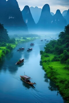 Landscape of Guilin, Li River and Karst mountains, China. Generative ai