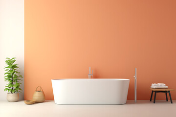 Fototapeta na wymiar Bathroom interior with white bathtub and orange wall. 3d render