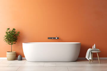 Bathroom interior with white bathtub and orange wall. 3d render