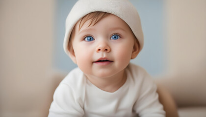 Image of sweet baby boy, closeup portrait of child, cute toddler with blue eyes