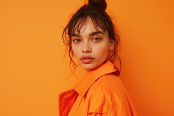 Chic Beauty: Young Female Model in Orange on Vibrant Orange Backdrop