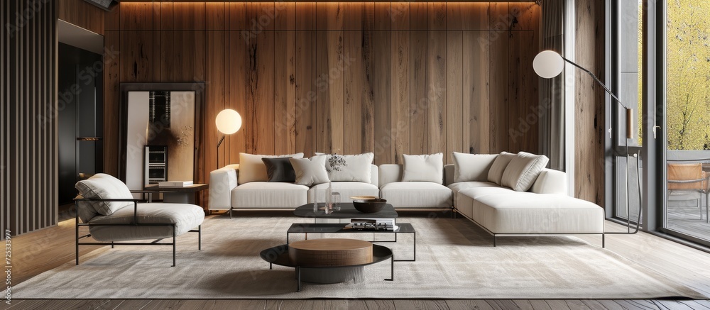 Sticker Modern apartment with Scandinavian interior adorned with natural wood panels on walls, featuring a cozy sofa set, coffee table, floor lamp, and a rug.