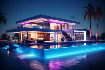 Fototapeta na wymiar Illuminated modern house with pool at night. 3d rendering