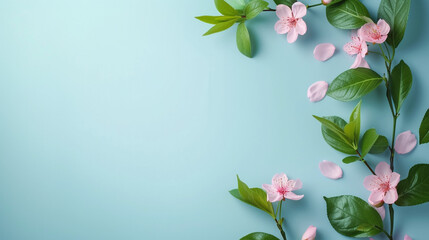 pink flower with blue background copy space