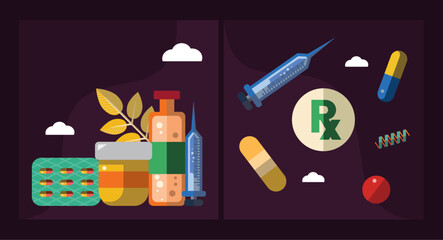 Set of medicine bottles and prescription drugs colorful vector graphic