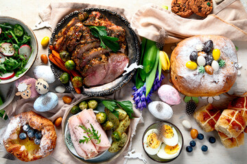 Easter dinner. Traditional food. Family spring event.