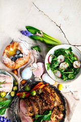 Easter dinner. Traditional food. Family spring event.
