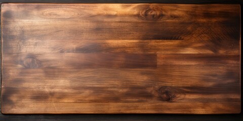 Top view of a dark wooden table with a cutting board.